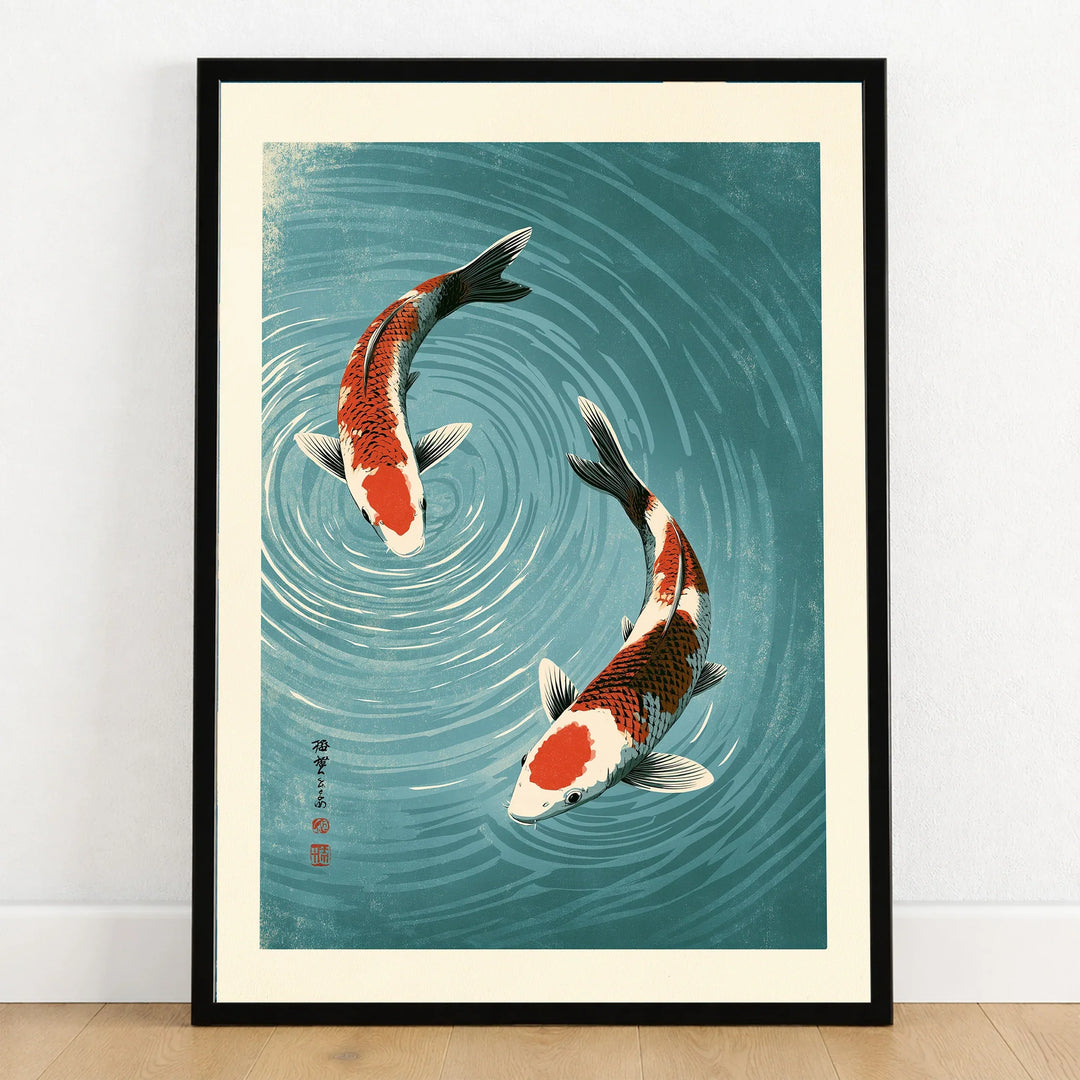 Japanese Koi Fish Wall Art – Vintage Blue Water Print — art print in black frame on wooden floor
