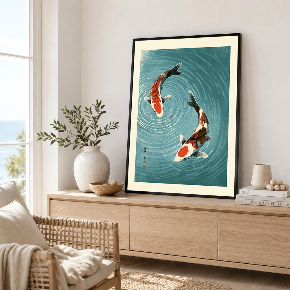 Japanese Koi Fish Wall Art – Vintage Blue Water Print — framed artwork living room lifestyle setting