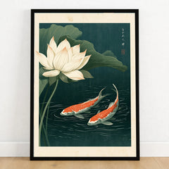 Japanese Koi & Lotus Art Print – Vintage Pond Wall Art — art print in black frame on wooden floor