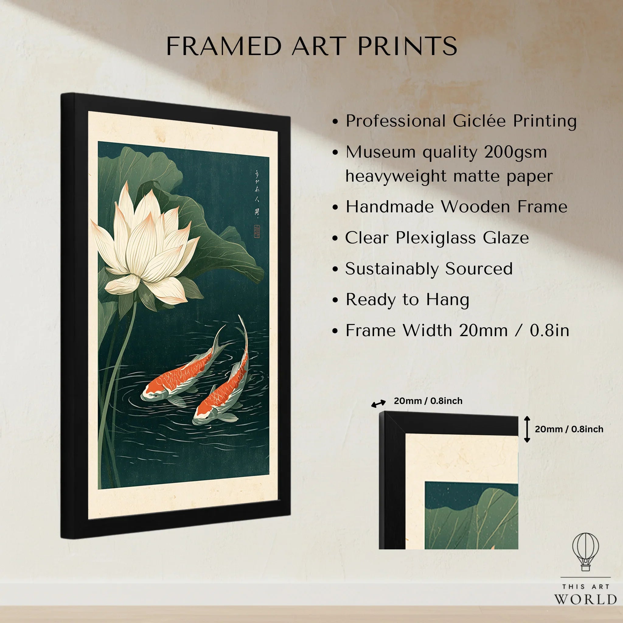 Japanese Koi & Lotus Art Print – Vintage Pond Wall Art — framed print details measurements quality details