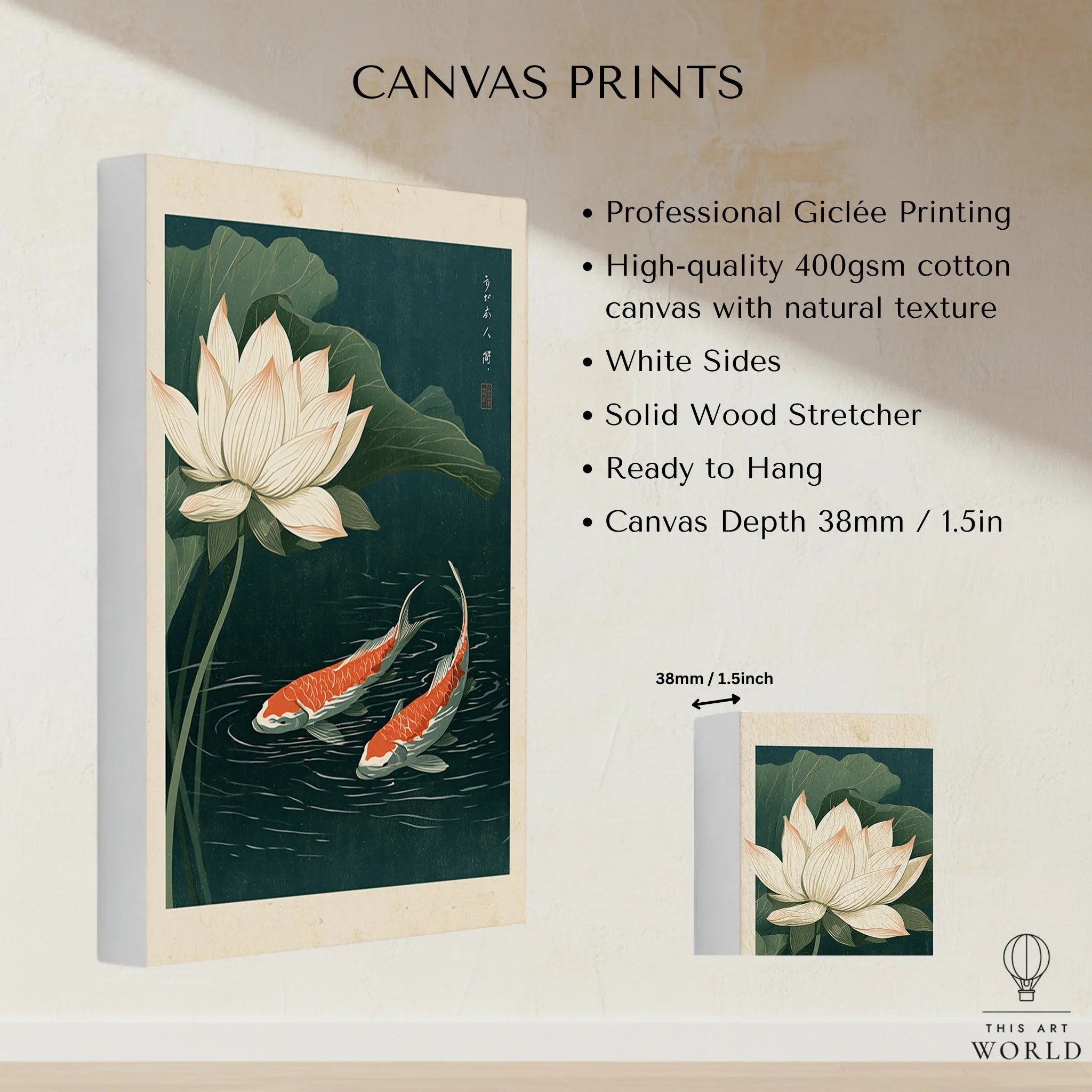 Japanese Koi & Lotus Art Print – Vintage Pond Wall Art — canvas print stretched cotton canvas details