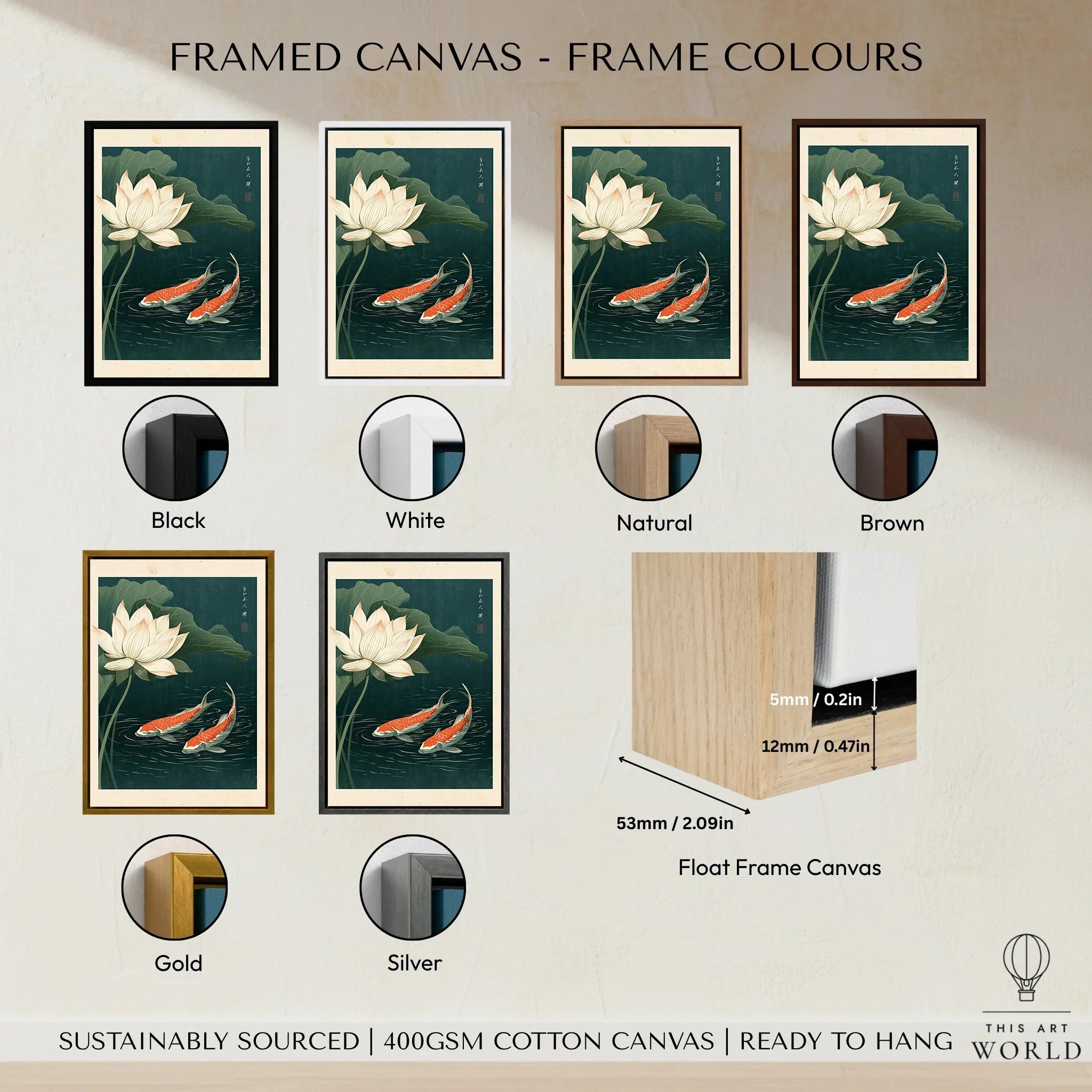 Japanese Koi & Lotus Art Print – Vintage Pond Wall Art — framed canvas float frame colour options