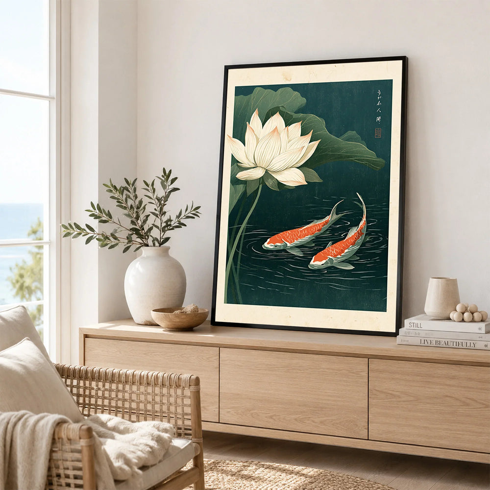 Japanese Koi & Lotus Art Print – Vintage Pond Wall Art — framed artwork living room lifestyle setting