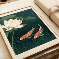 Japanese Koi & Lotus Art Print – Vintage Pond Wall Art — framed art print closeup gift unwrapped natural frame