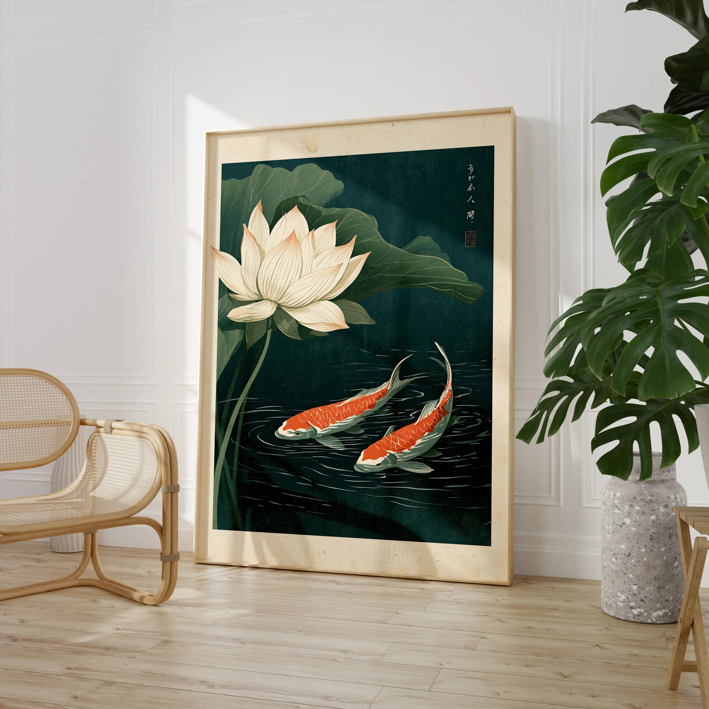 Japanese Koi & Lotus Art Print – Vintage Pond Wall Art — large framed print room setting chair plant