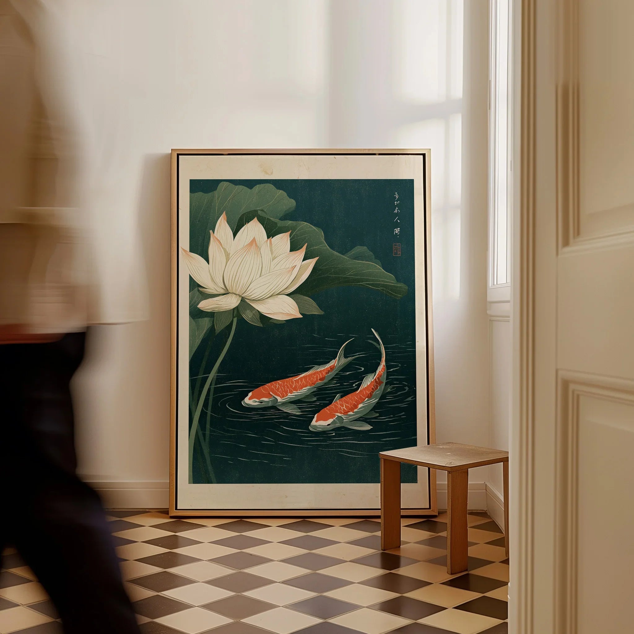 Japanese Koi & Lotus Art Print – Vintage Pond Wall Art — framed canvas on floor man walking past