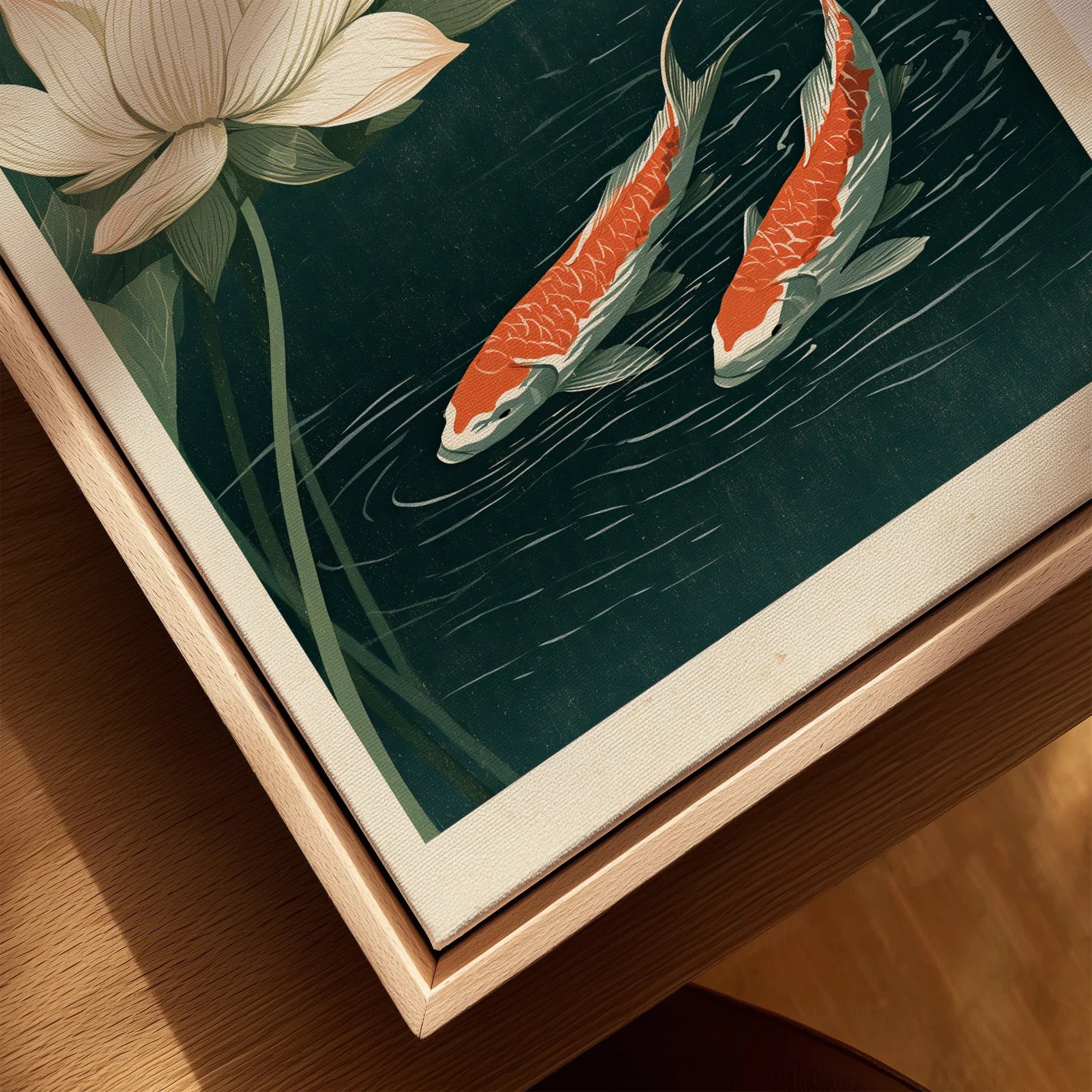 Japanese Koi & Lotus Art Print – Vintage Pond Wall Art — closeup framed canvas natural wood floating frame