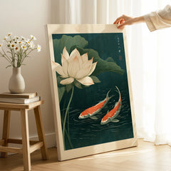 Japanese Koi & Lotus Art Print – Vintage Pond Wall Art — canvas print mirror edge hand holding room setting