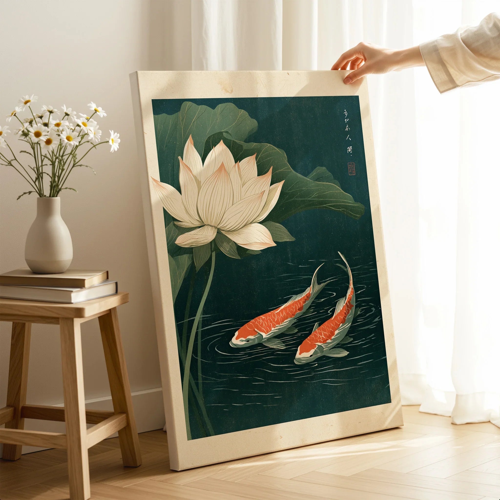 Japanese Koi & Lotus Art Print – Vintage Pond Wall Art — canvas print mirror edge hand holding room setting