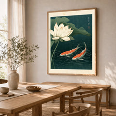 Japanese Koi & Lotus Art Print – Vintage Pond Wall Art — dining room framed print natural wood frame