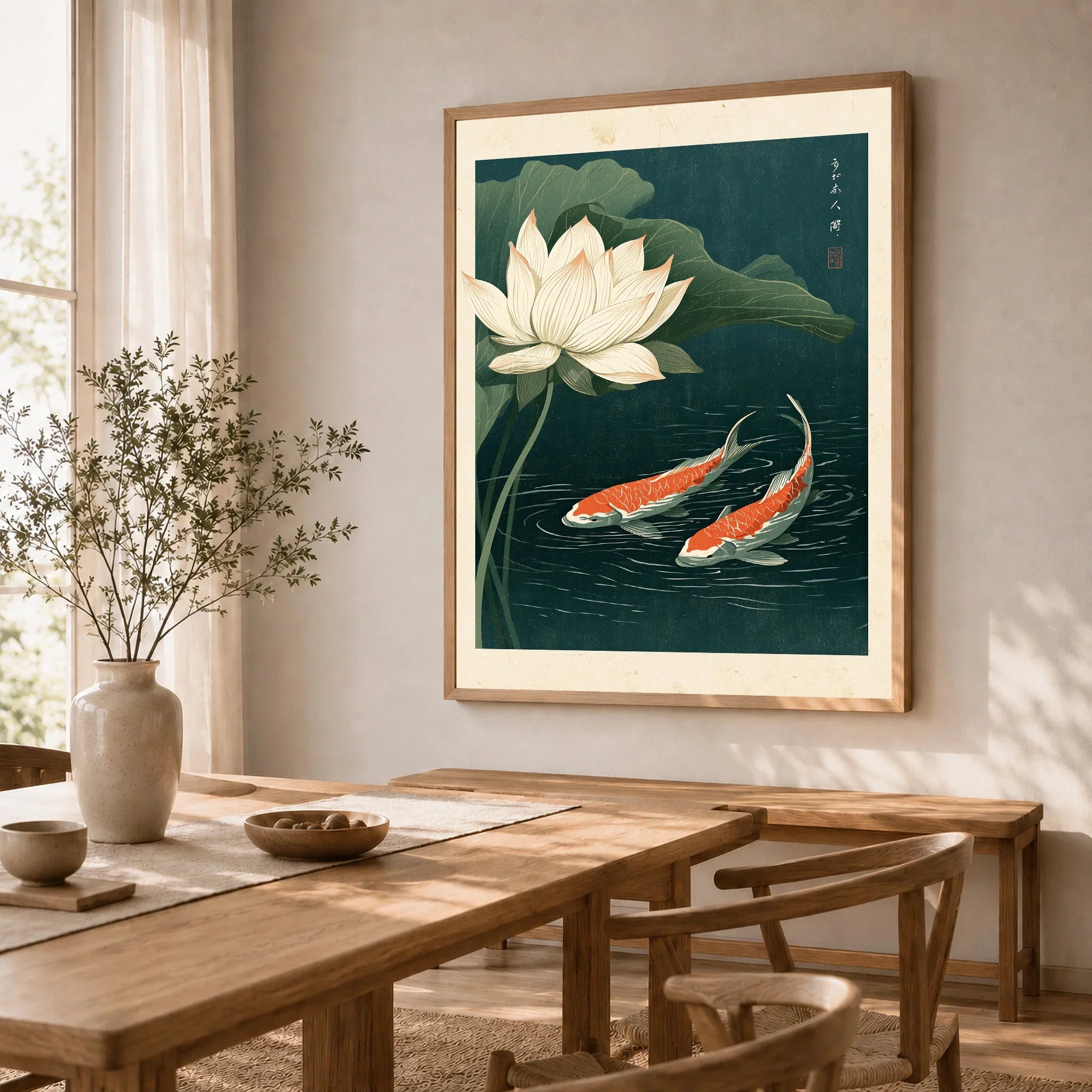 Japanese Koi & Lotus Art Print – Vintage Pond Wall Art — dining room framed print natural wood frame