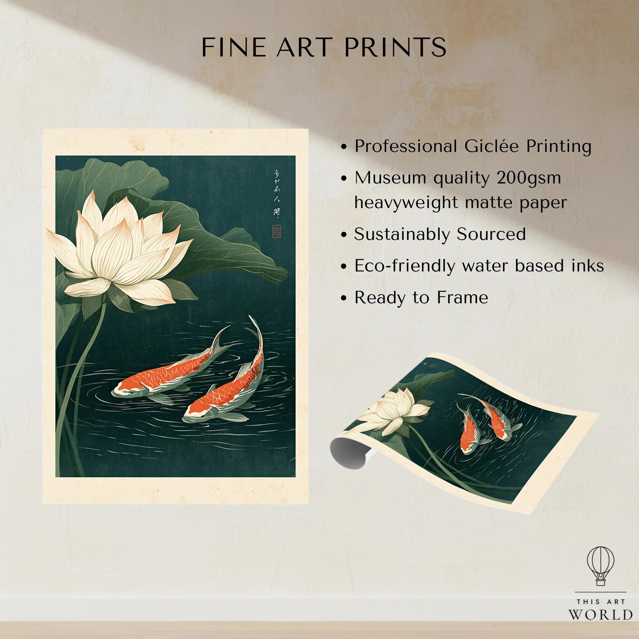 Japanese Koi & Lotus Art Print – Vintage Pond Wall Art — fine art print unframed quality details