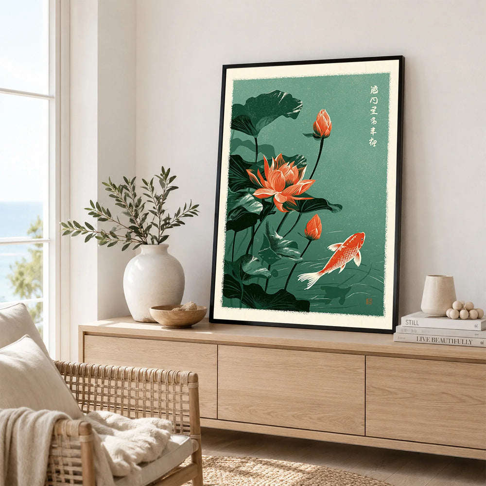 Japanese Koi & Lotus Wall Art – Vintage Botanical Print — framed artwork living room lifestyle setting