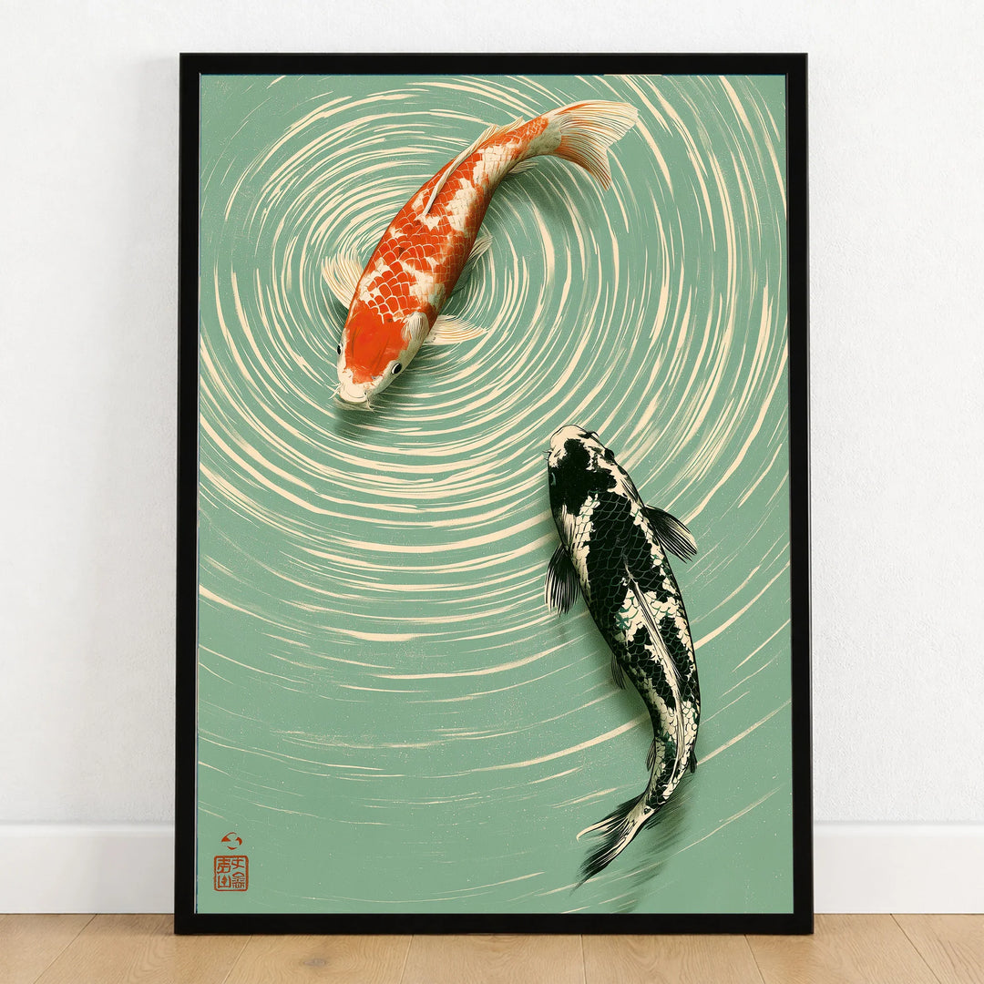 Japanese Koi Fish Art Print – Green Vintage Pond Wall Art — art print in black frame on wooden floor