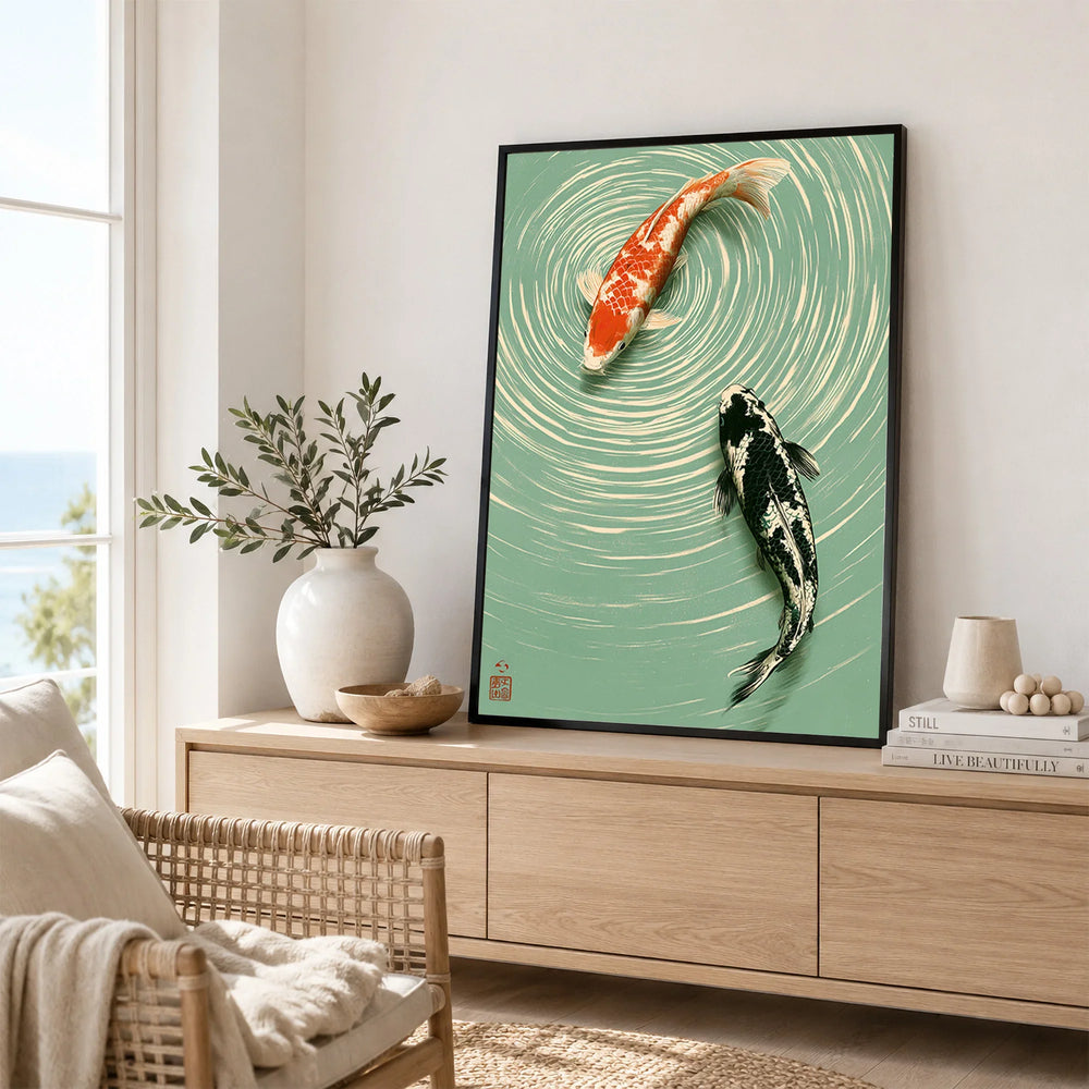 Japanese Koi Fish Art Print – Green Vintage Pond Wall Art — framed artwork living room lifestyle setting