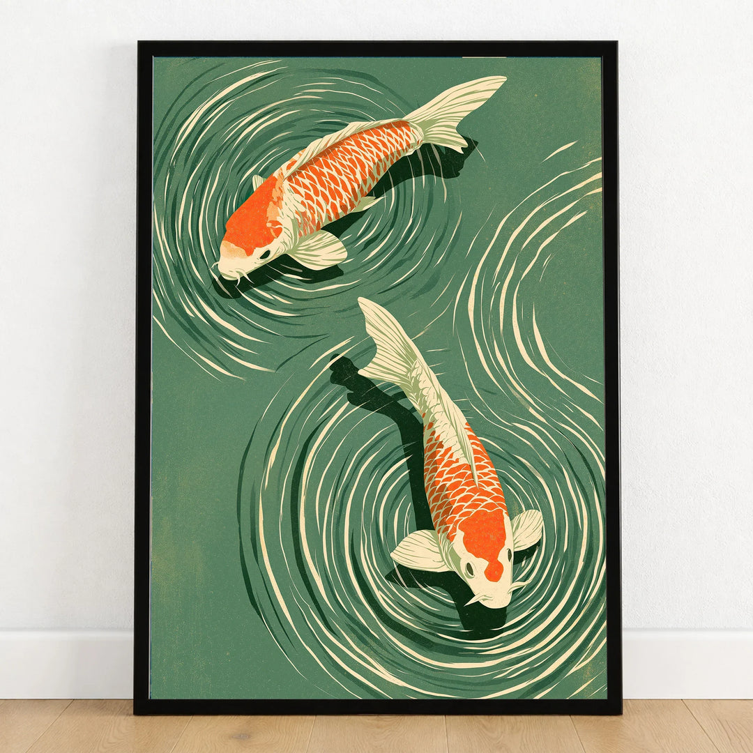 Japanese Koi Pond Wall Art – Green Vintage Art Print — art print in black frame on wooden floor