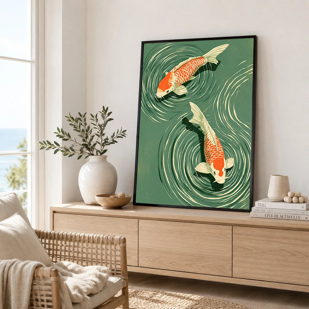 Japanese Koi Pond Wall Art – Green Vintage Art Print — framed artwork living room lifestyle setting