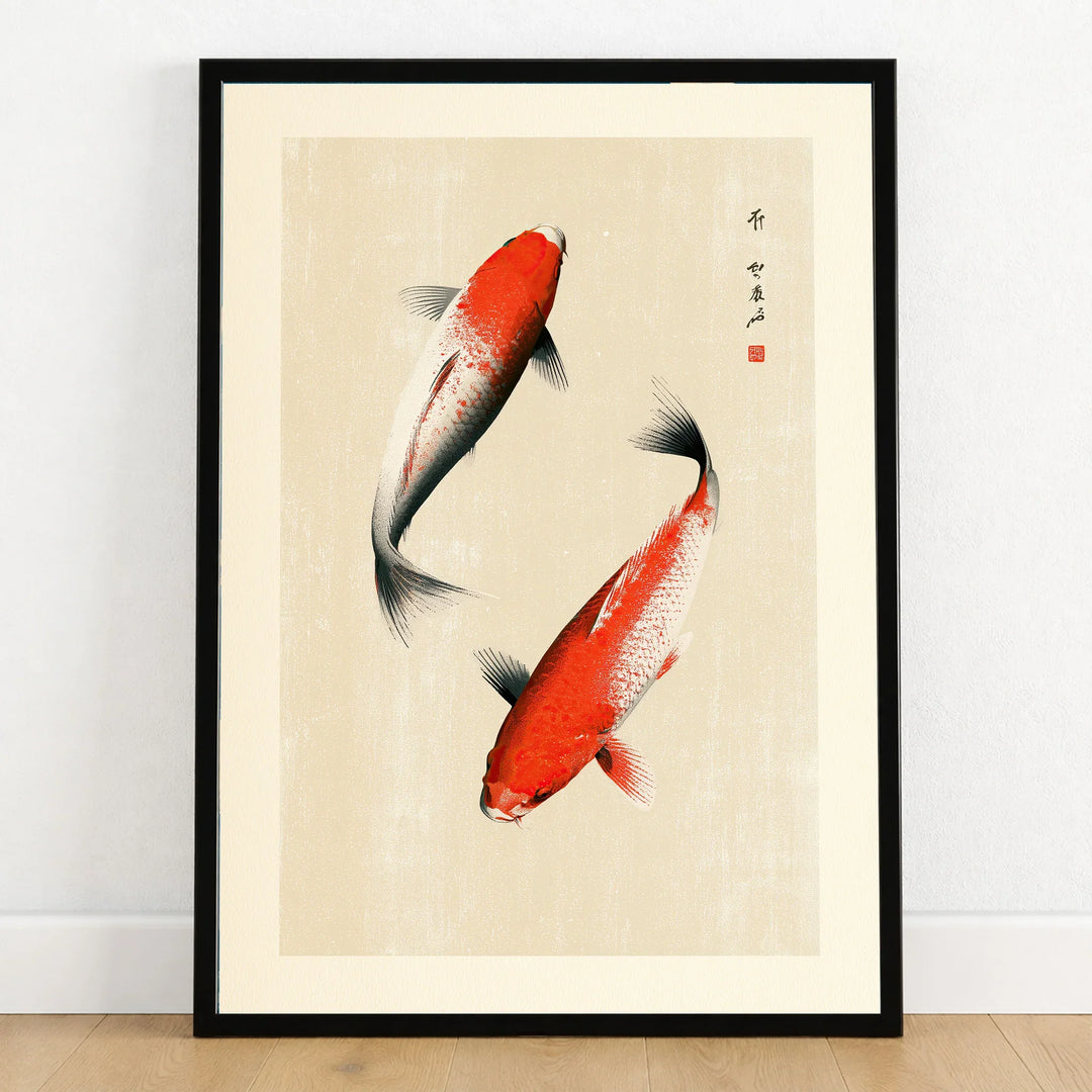 Japanese Koi Fish Art Print – Vintage Japanese Wall Art — art print in black frame on wooden floor