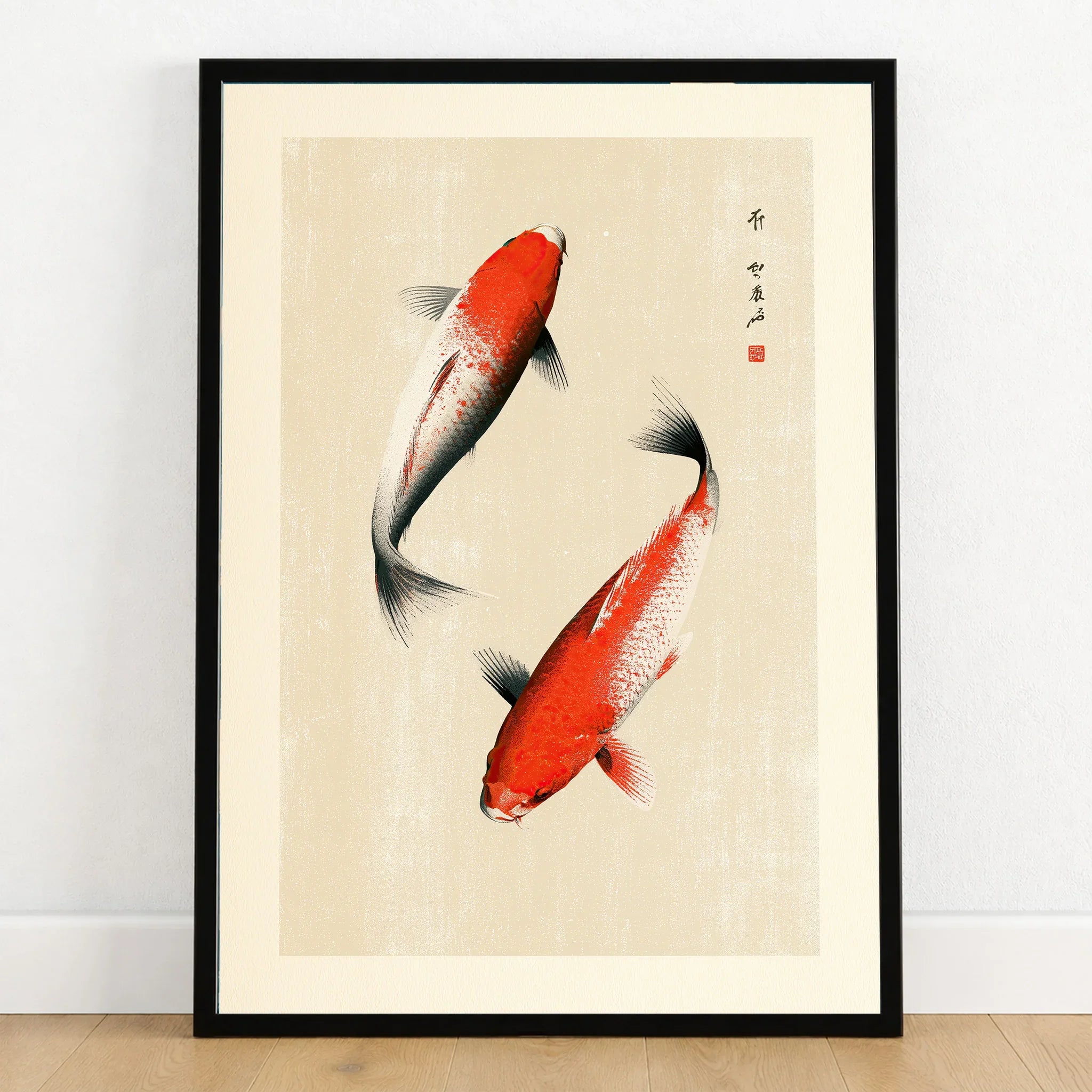 Japanese Koi Fish Art Print – Vintage Japanese Wall Art — art print in black frame on wooden floor