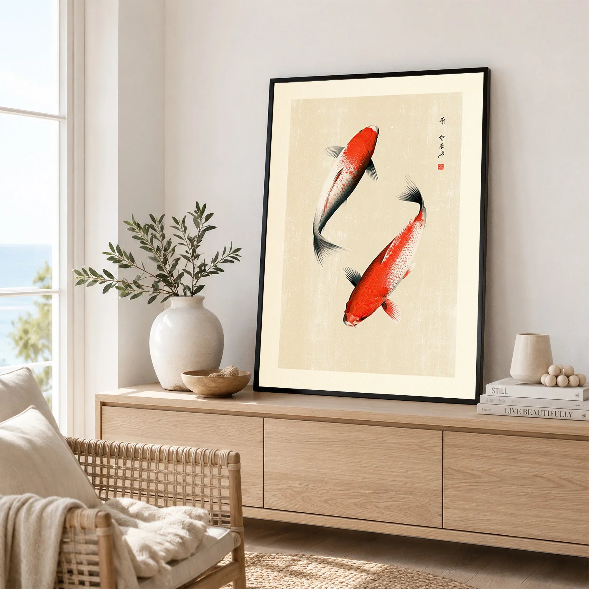 Japanese Koi Fish Art Print – Vintage Japanese Wall Art — framed artwork living room lifestyle setting