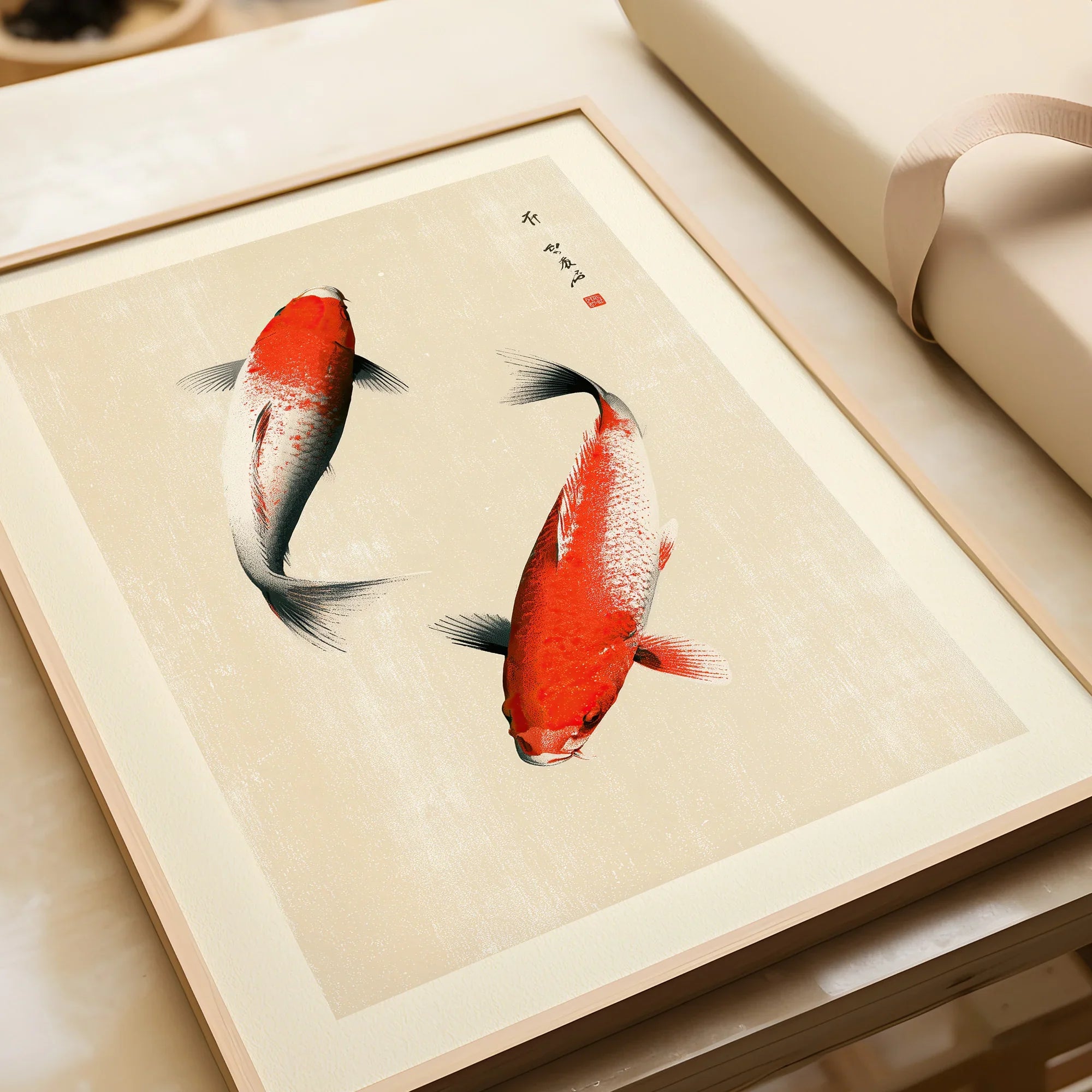 Japanese Koi Fish Art Print – Vintage Japanese Wall Art — framed art print closeup gift unwrapped natural frame