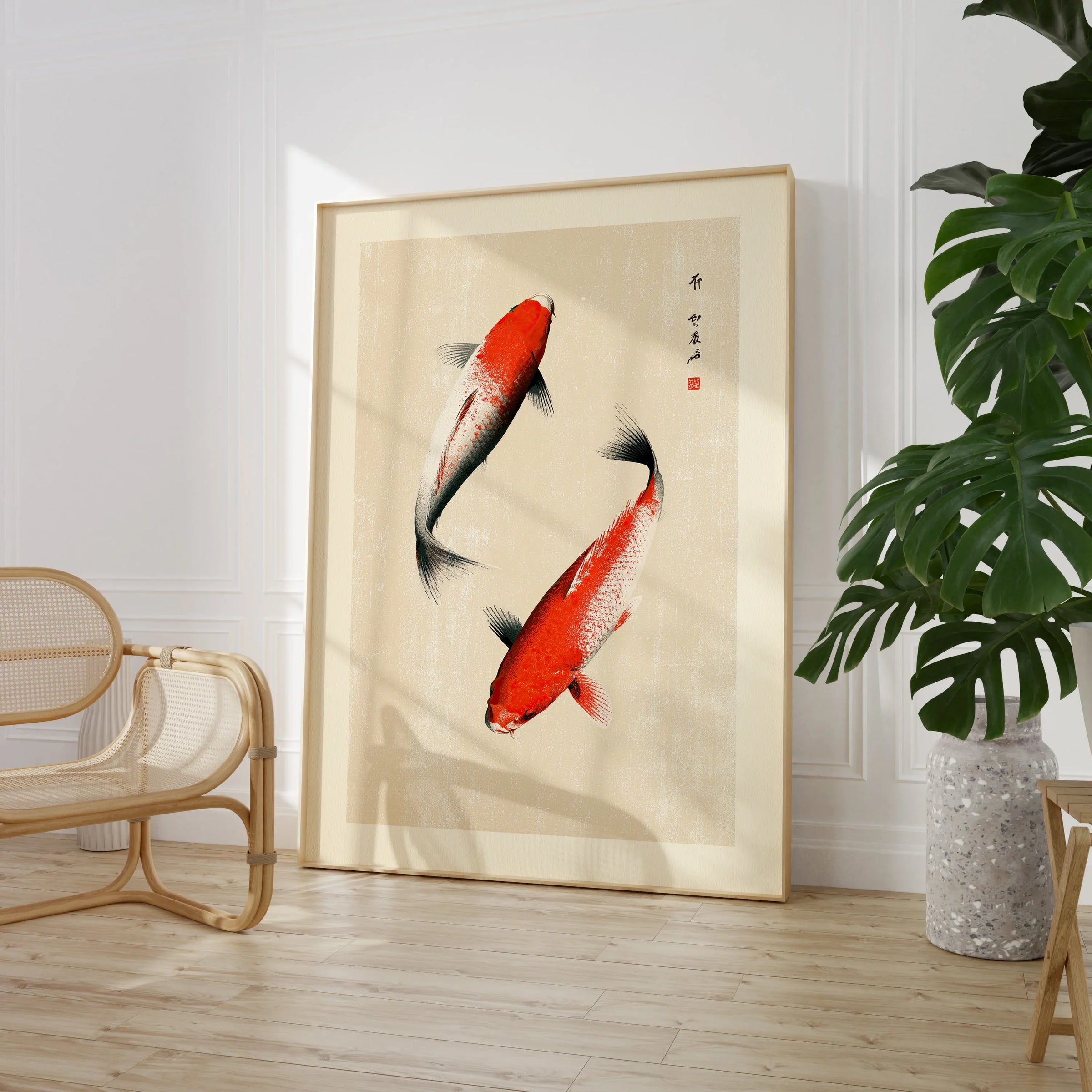Japanese Koi Fish Art Print – Vintage Japanese Wall Art — large framed print room setting chair plant