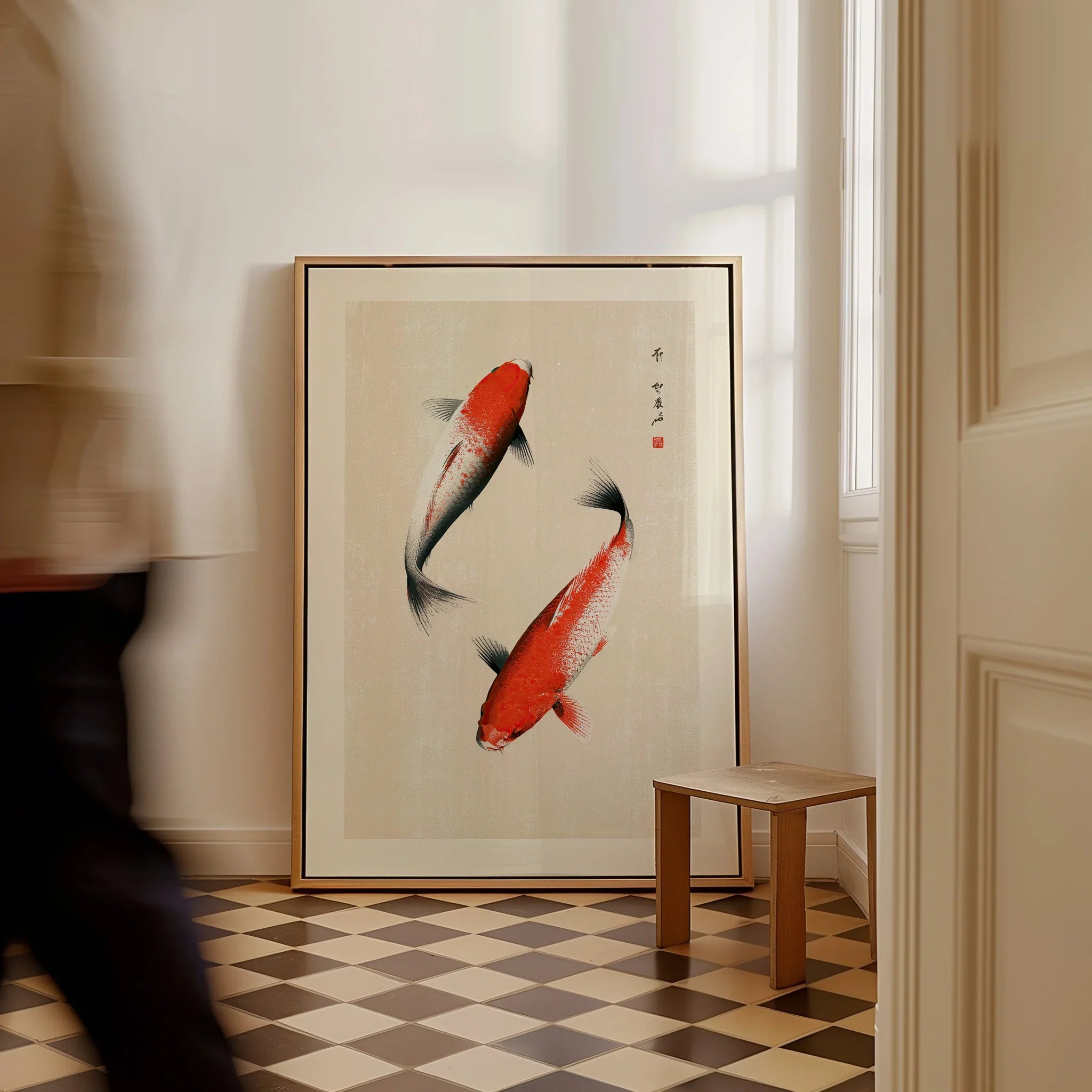 Japanese Koi Fish Art Print – Vintage Japanese Wall Art — framed canvas on floor man walking past