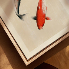Japanese Koi Fish Art Print – Vintage Japanese Wall Art — closeup framed canvas natural wood floating frame
