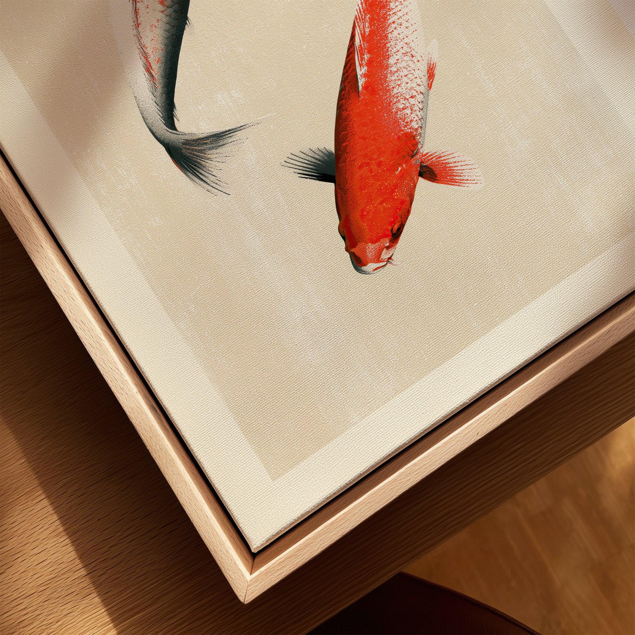 Japanese Koi Fish Art Print – Vintage Japanese Wall Art — closeup framed canvas natural wood floating frame