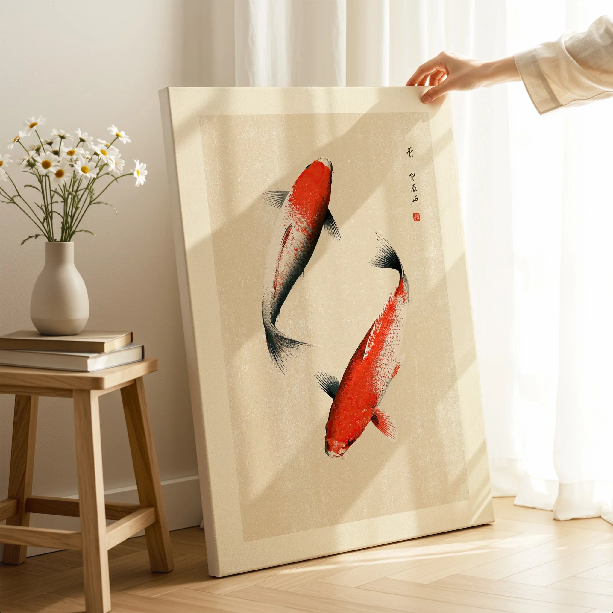 Japanese Koi Fish Art Print – Vintage Japanese Wall Art — canvas print mirror edge hand holding room setting