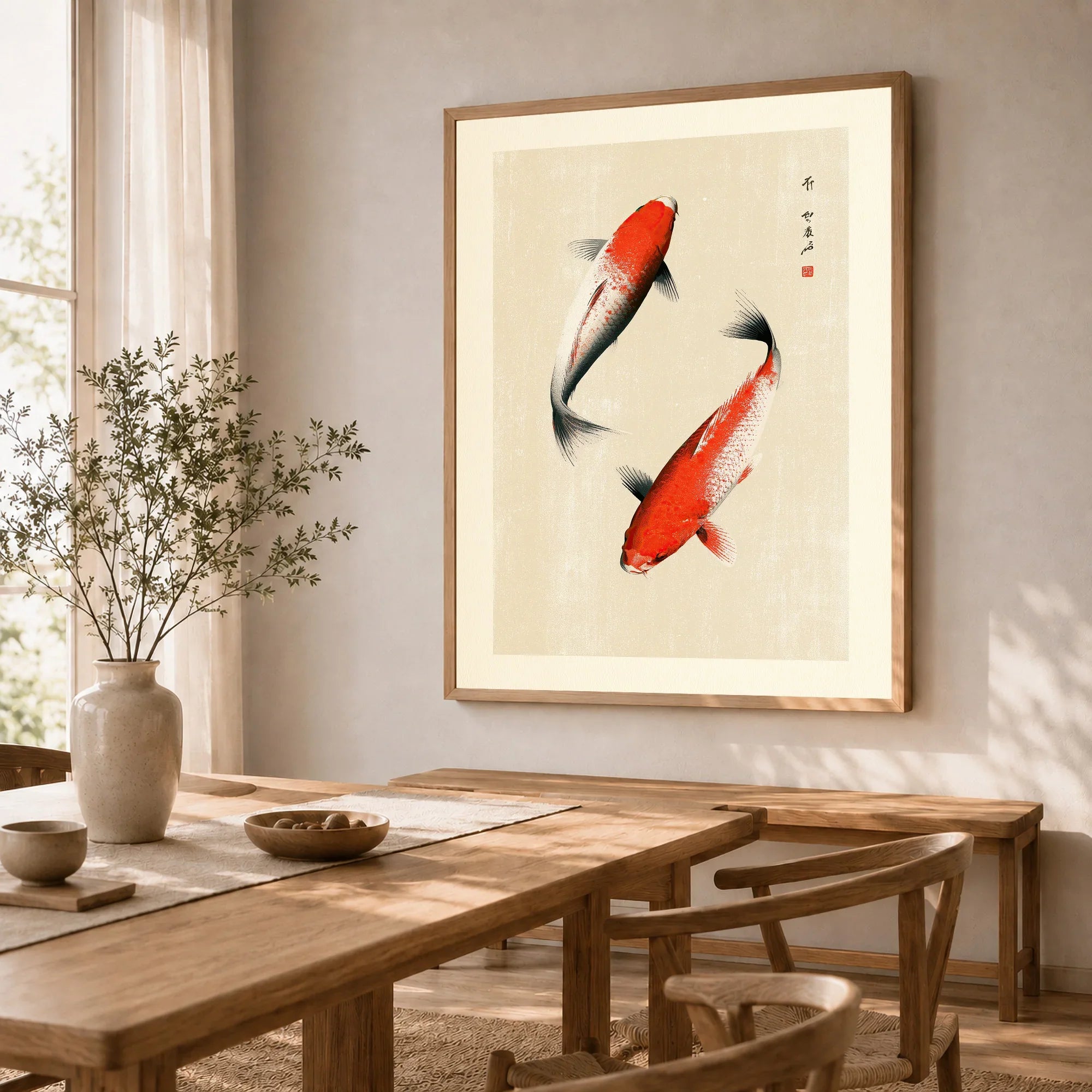 Japanese Koi Fish Art Print – Vintage Japanese Wall Art — dining room framed print natural wood frame