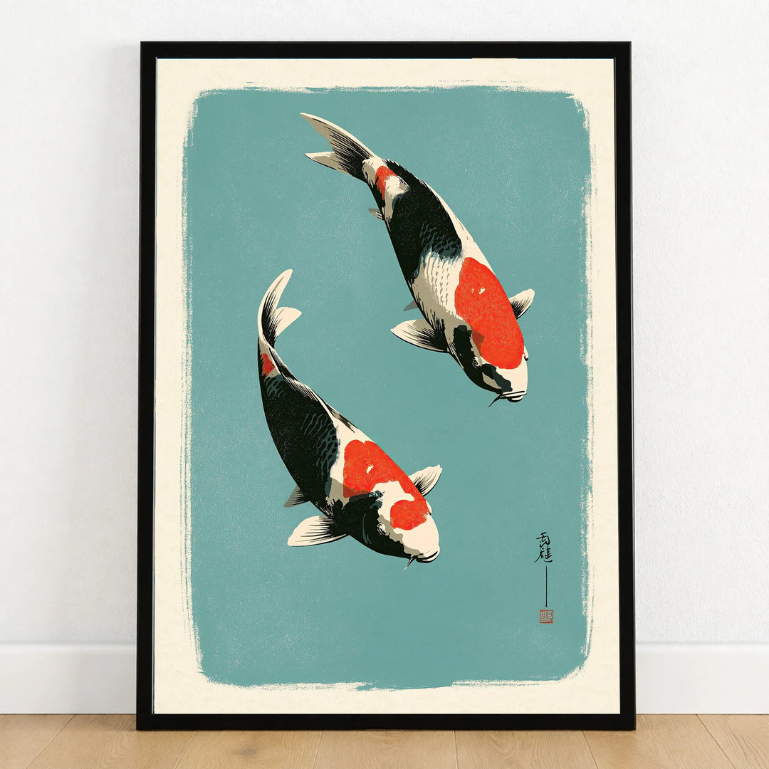 Japanese Koi Wall Art – Vintage Ukiyo-e Style Fish Print — art print in black frame on wooden floor