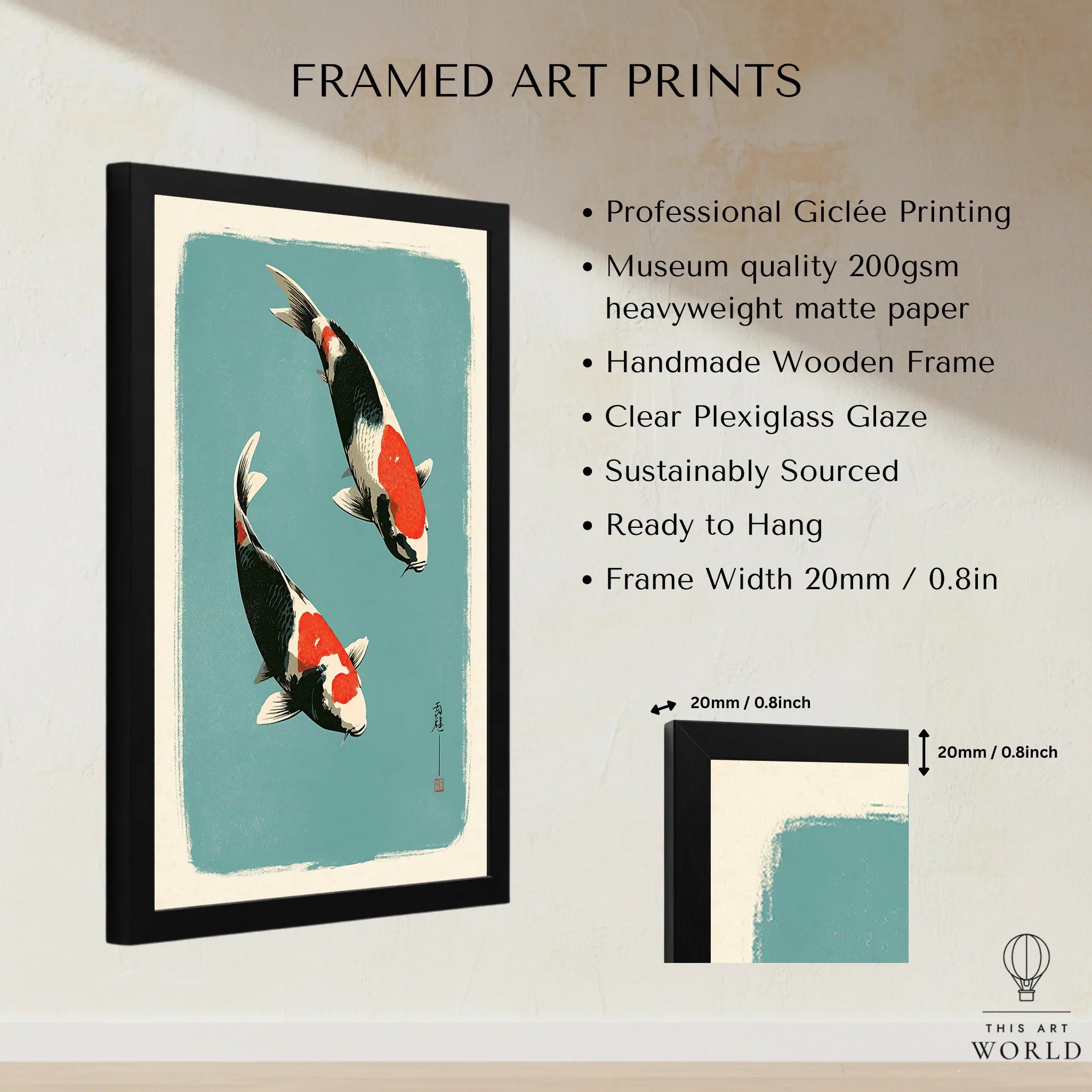 Japanese Koi Wall Art – Vintage Ukiyo-e Style Fish Print — framed print details measurements quality details