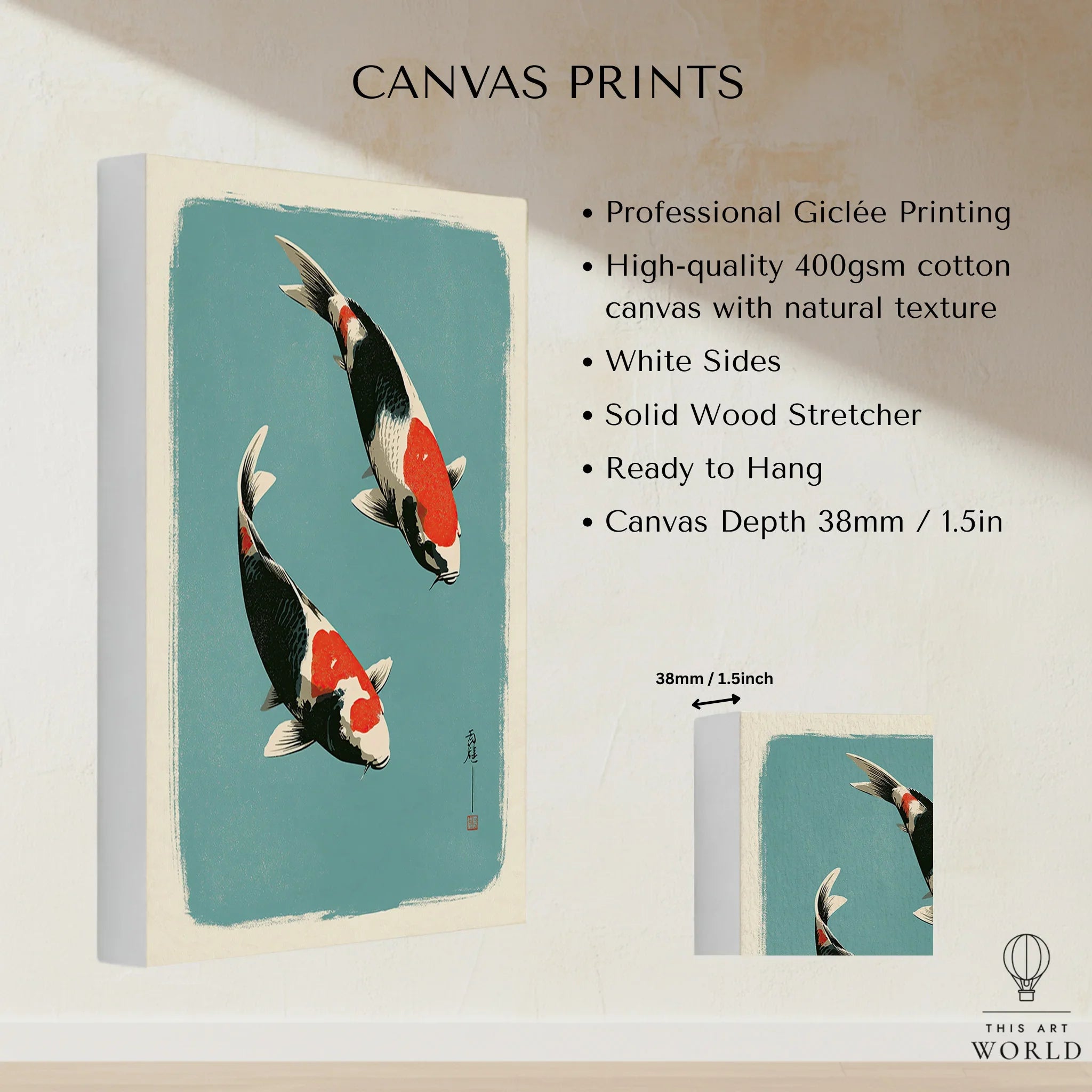 Japanese Koi Wall Art – Vintage Ukiyo-e Style Fish Print — canvas print stretched cotton canvas details