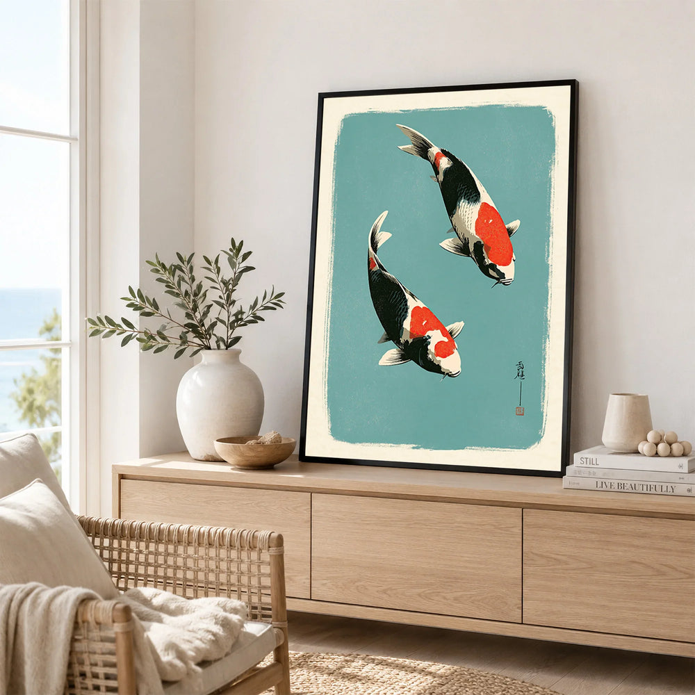 Japanese Koi Wall Art – Vintage Ukiyo-e Style Fish Print — framed artwork living room lifestyle setting
