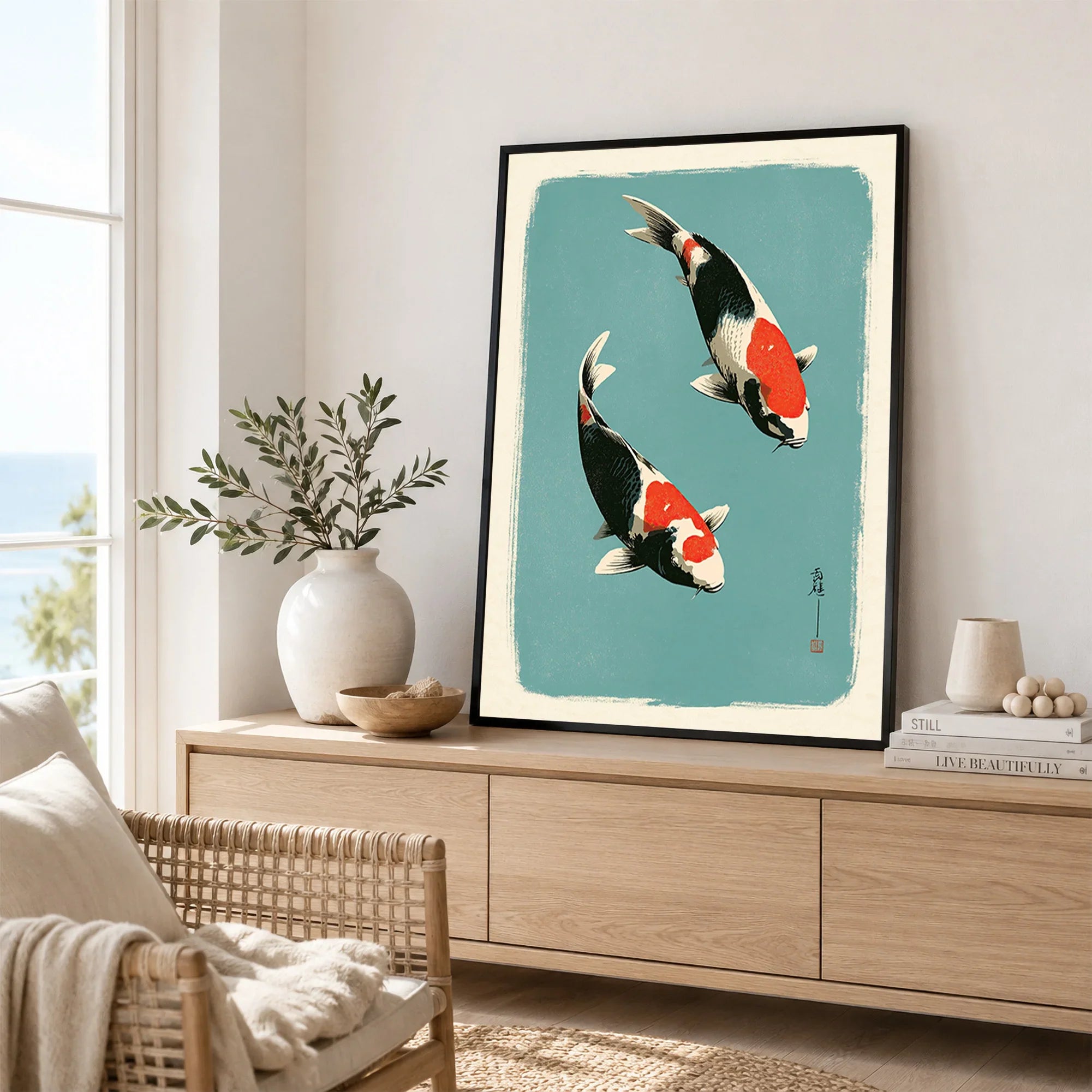 Japanese Koi Wall Art – Vintage Ukiyo-e Style Fish Print — framed artwork living room lifestyle setting