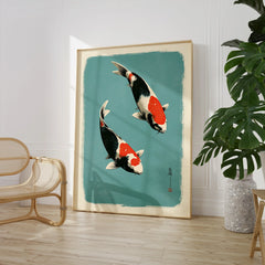 Japanese Koi Wall Art – Vintage Ukiyo-e Style Fish Print — large framed print room setting chair plant