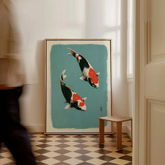 Japanese Koi Wall Art – Vintage Ukiyo-e Style Fish Print — framed canvas on floor man walking past