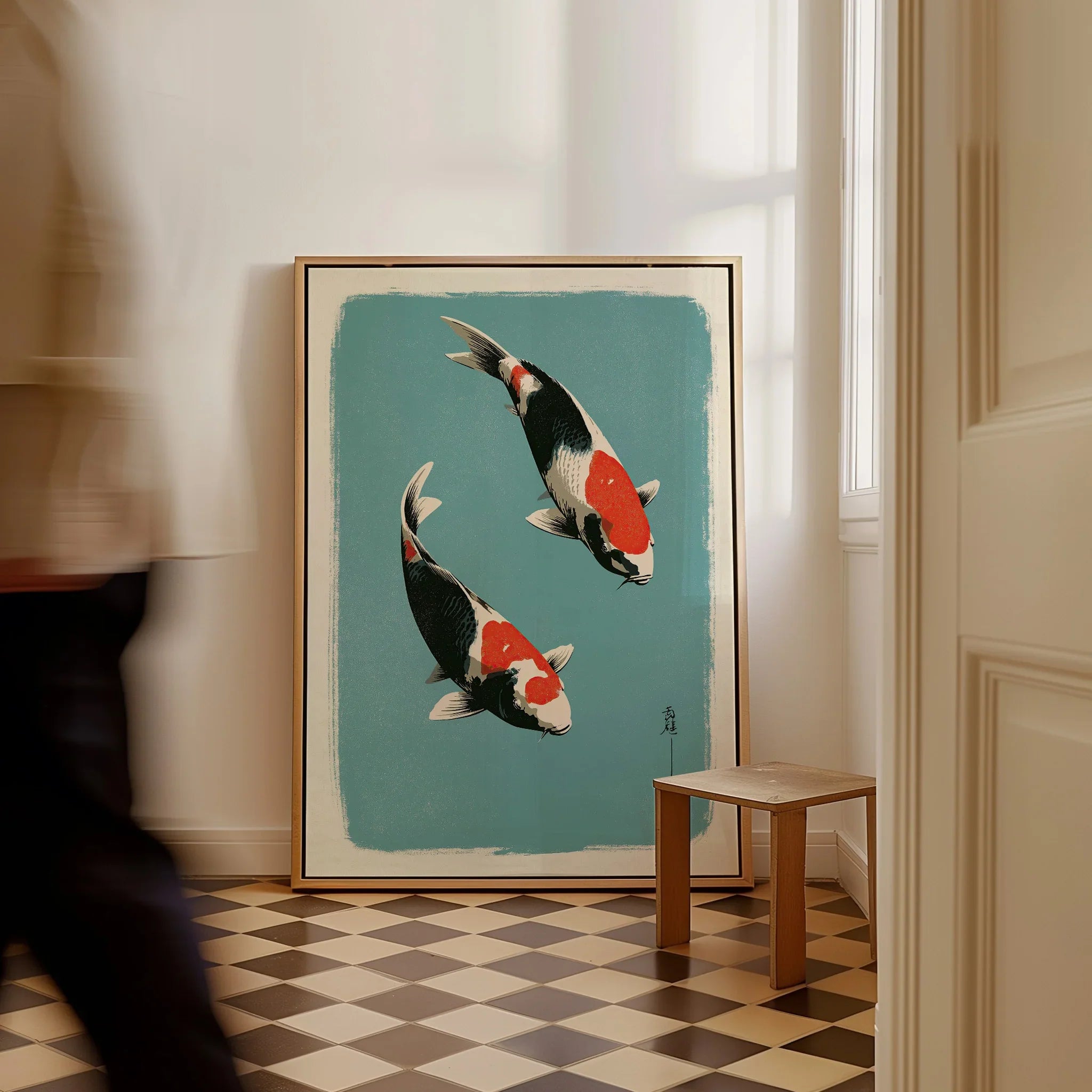 Japanese Koi Wall Art – Vintage Ukiyo-e Style Fish Print — framed canvas on floor man walking past