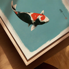 Japanese Koi Wall Art – Vintage Ukiyo-e Style Fish Print — closeup framed canvas natural wood floating frame