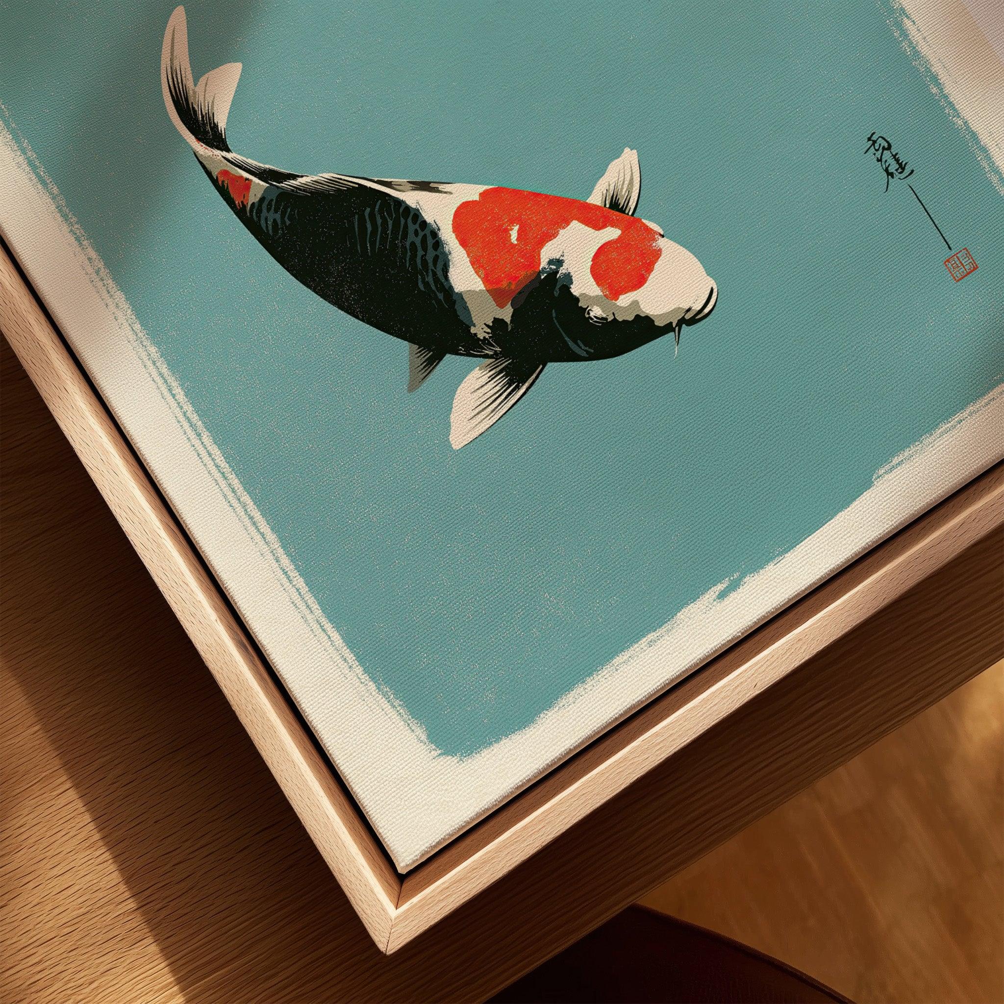 Japanese Koi Wall Art – Vintage Ukiyo-e Style Fish Print — closeup framed canvas natural wood floating frame