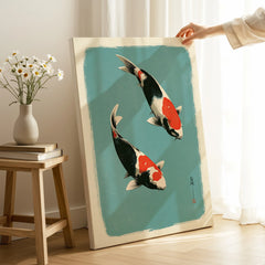 Japanese Koi Wall Art – Vintage Ukiyo-e Style Fish Print — canvas print mirror edge hand holding room setting