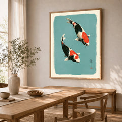 Japanese Koi Wall Art – Vintage Ukiyo-e Style Fish Print — dining room framed print natural wood frame