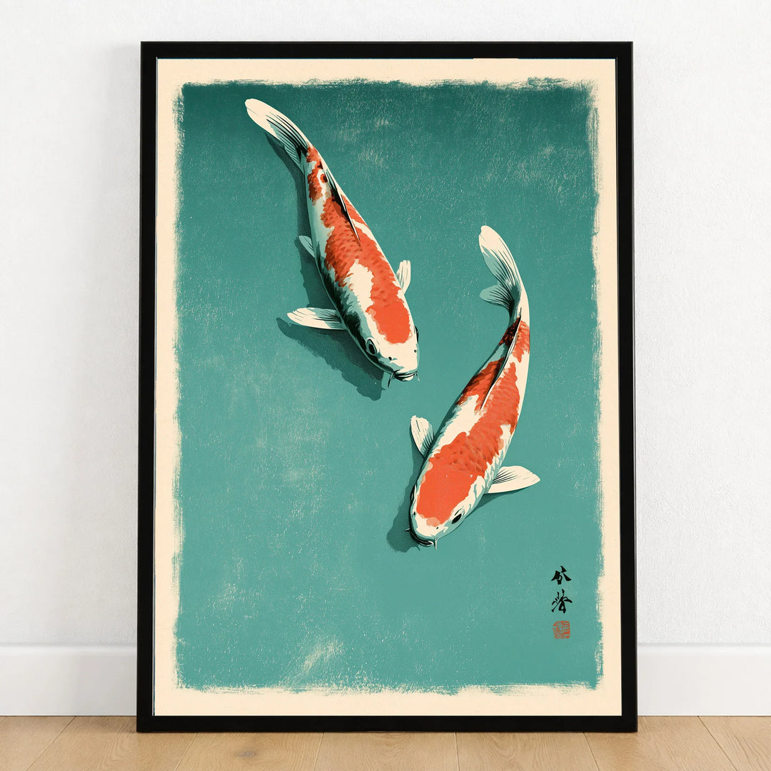 Japanese Koi Fish Print – Blue Vintage Wall Art — art print in black frame on wooden floor