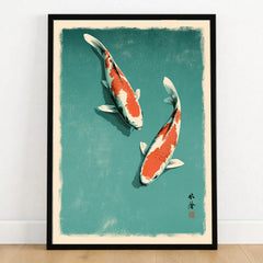 Japanese Koi Fish Print – Blue Vintage Wall Art — art print in black frame on wooden floor