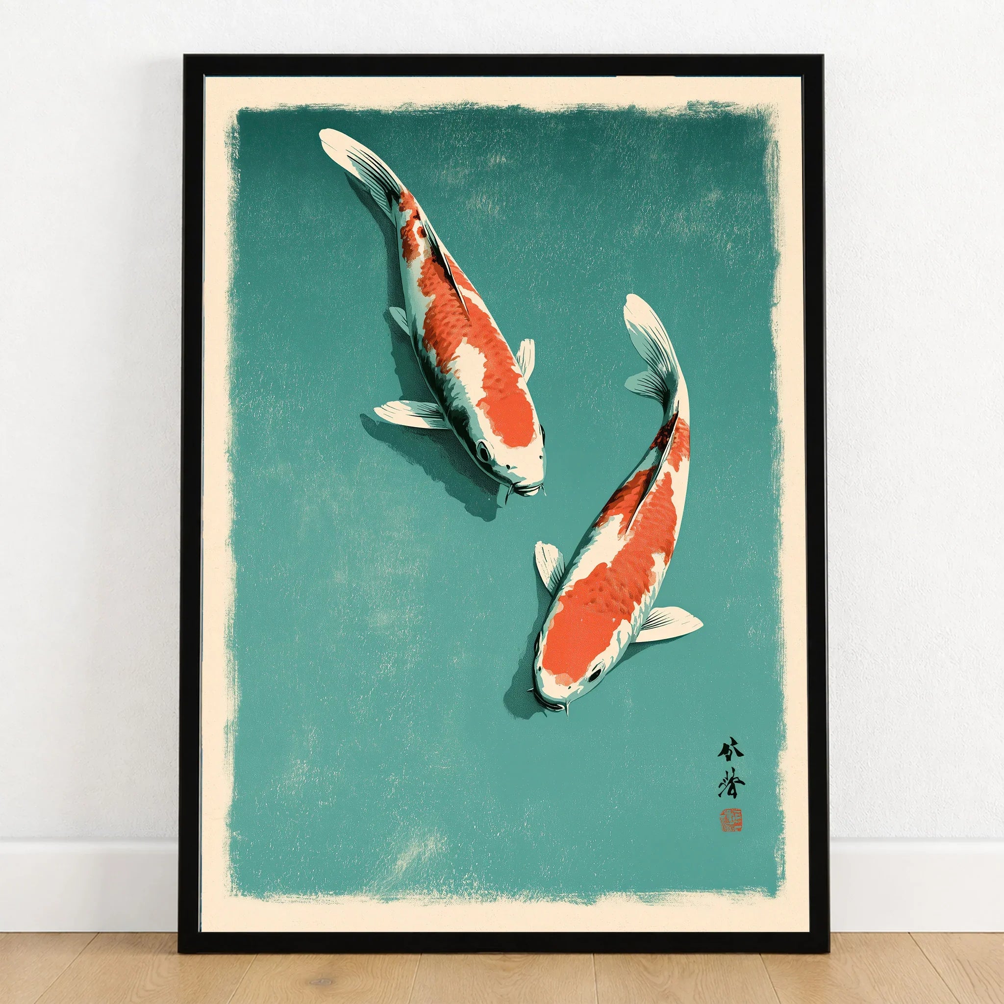 Japanese Koi Fish Print – Blue Vintage Wall Art — art print in black frame on wooden floor