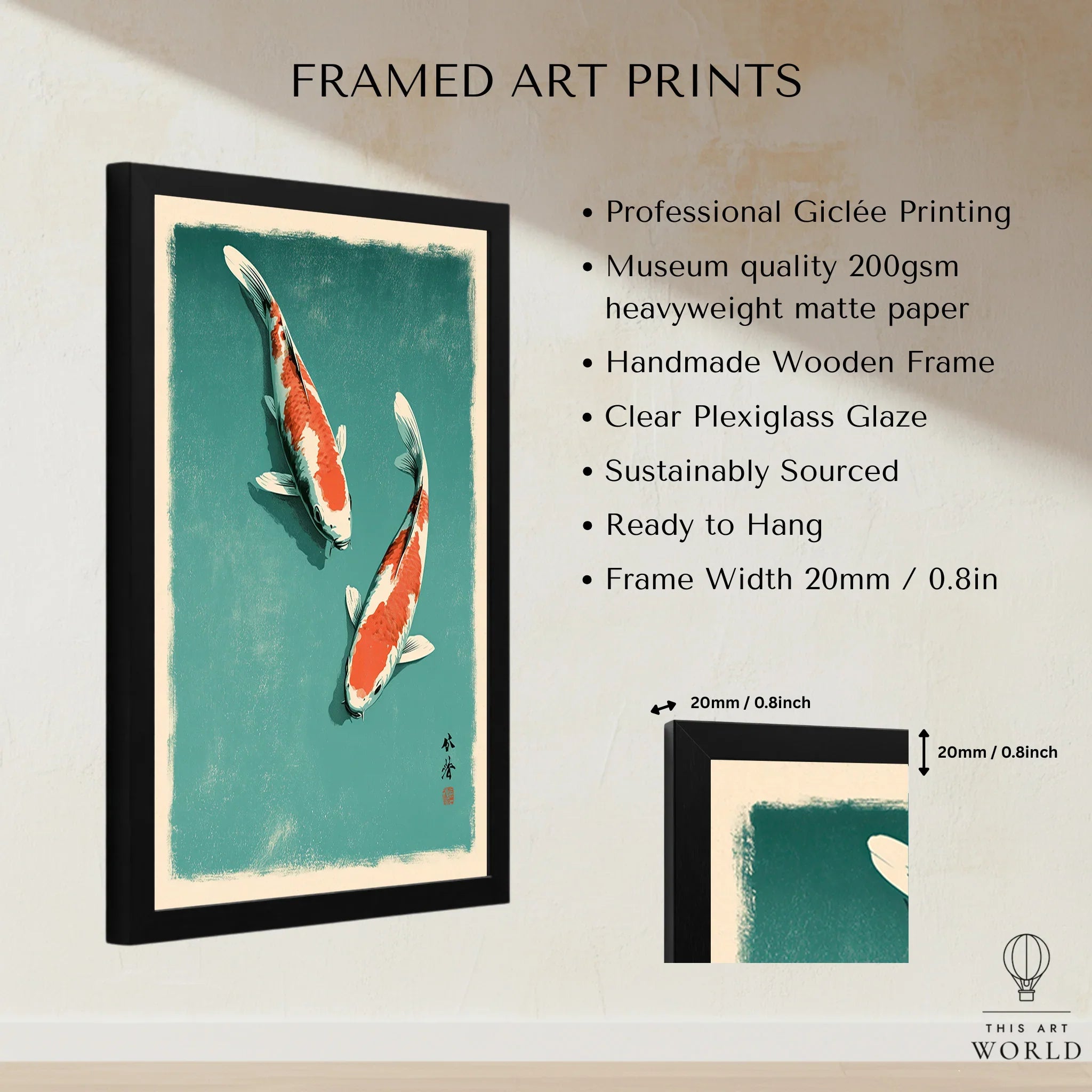 Japanese Koi Fish Print – Blue Vintage Wall Art — framed print details measurements quality details