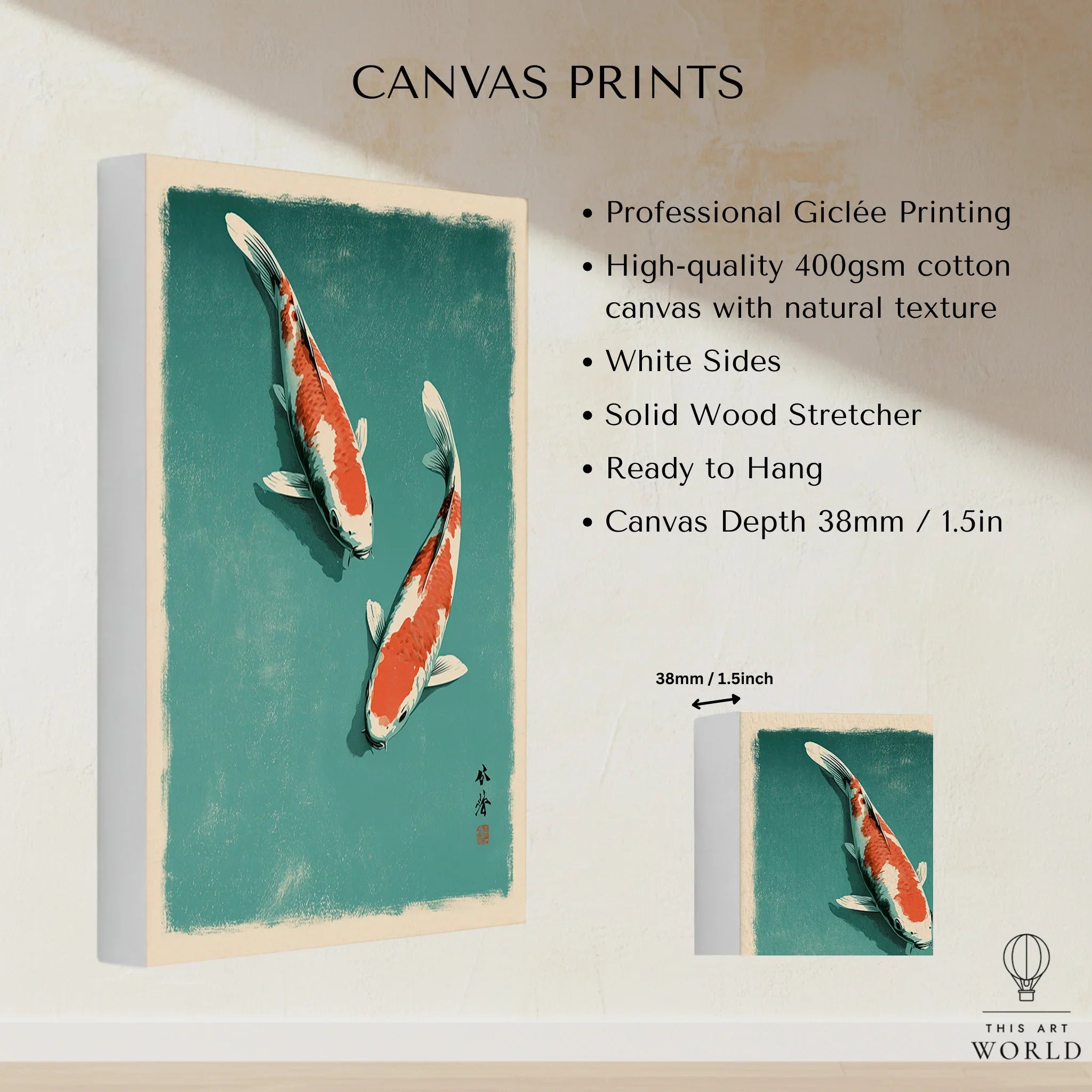 Japanese Koi Fish Print – Blue Vintage Wall Art — canvas print stretched cotton canvas details