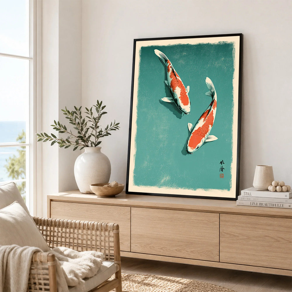 Japanese Koi Fish Print – Blue Vintage Wall Art — framed artwork living room lifestyle setting