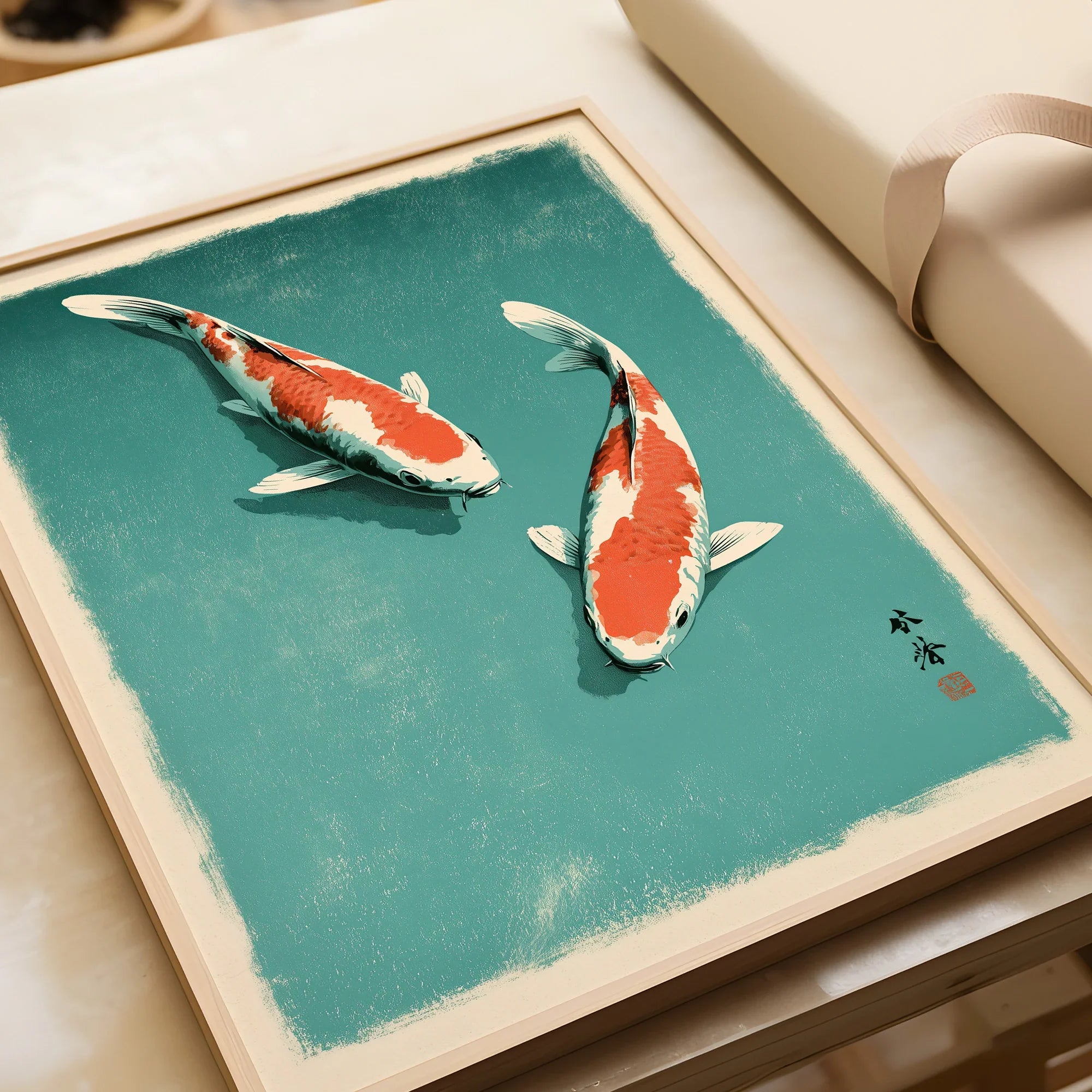Japanese Koi Fish Print – Blue Vintage Wall Art — framed art print closeup gift unwrapped natural frame